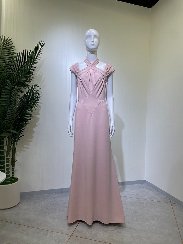 【レンタルドレス 1660】クロスホルターフレンチスリーブフレアロングドレス ピンク【TADASHI SHOJI】